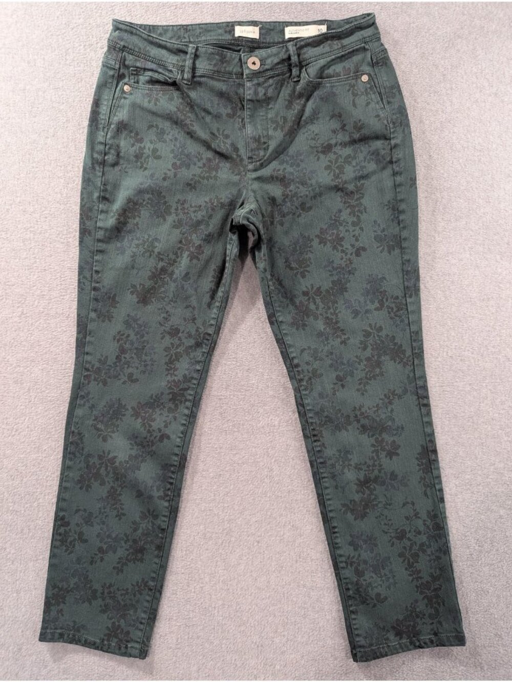 J. Jill Authentic Fit Slim Ankle Jeans Womens 10 Green Floral Mid Rise 32x28